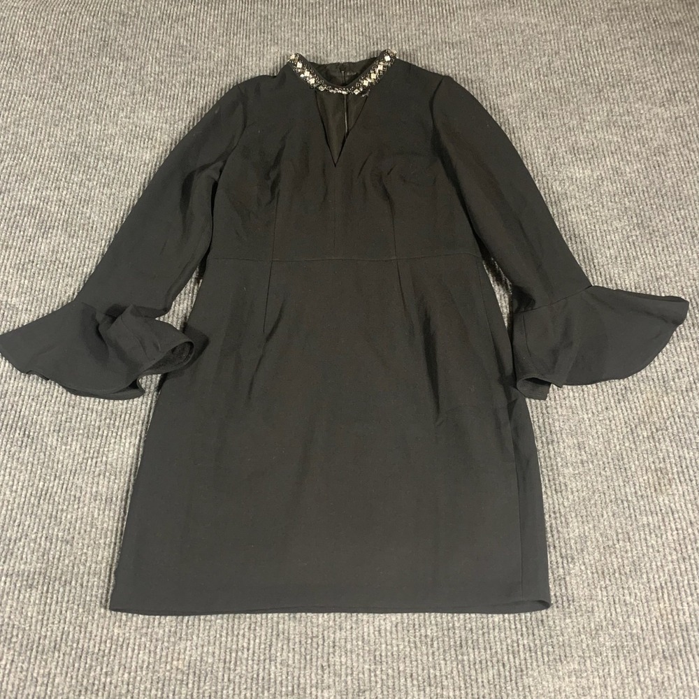 Vince Camuto Dress Womens 14 Black Flare Bell Sleeve Zip Up Lined Rhinestone